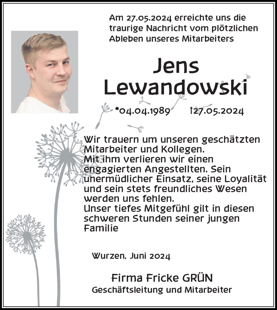  Traueranzeige für Jens Lewandowski vom 08.06.2024 aus Leipziger Volkszeitung