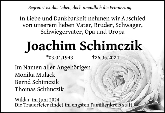 Traueranzeige von Joachim Schimczik von Märkischen Allgemeine Zeitung