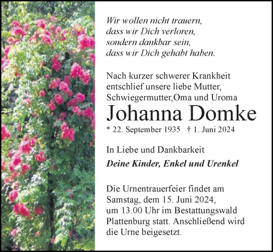 Traueranzeige von Johanna Domke von Wochenspiegel
