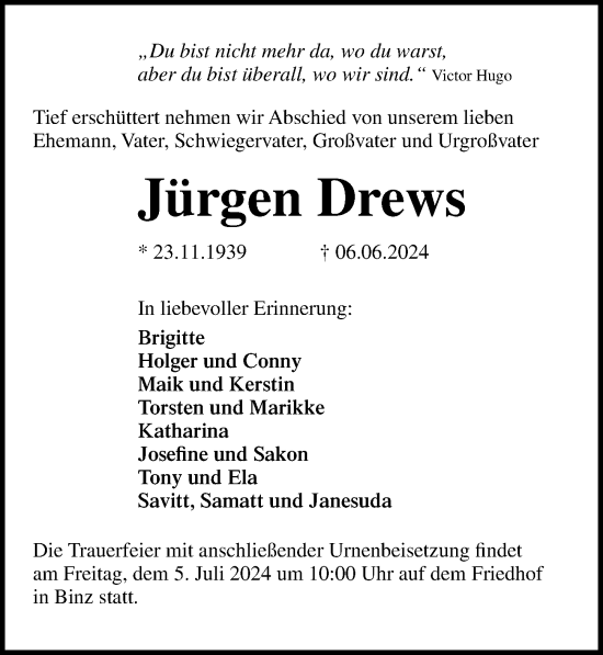 Traueranzeige von Jürgen Drews von Ostsee-Zeitung GmbH