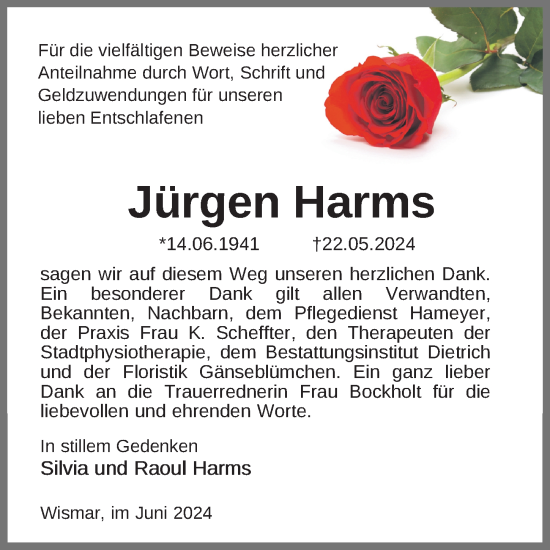 Traueranzeige von Jürgen Harms von Ostsee-Zeitung GmbH