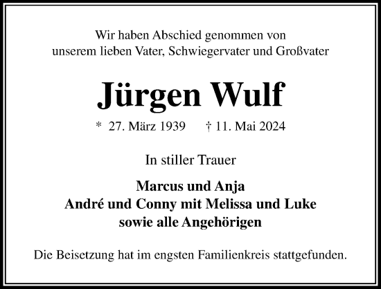 Traueranzeige von Jürgen Wulf von Lübecker Nachrichten