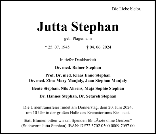 Traueranzeige von Jutta Stephan von Kieler Nachrichten