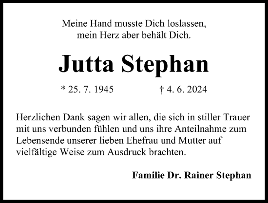 Traueranzeige von Jutta Stephan von Kieler Nachrichten