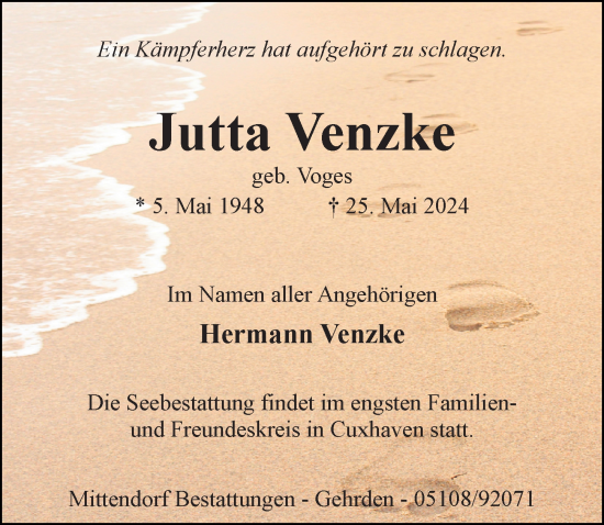 Traueranzeige von Jutta Venzke von Hannoversche Allgemeine Zeitung/Neue Presse