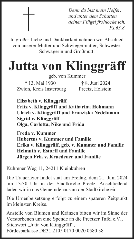 Traueranzeige von Jutta von Klinggräff von Kieler Nachrichten