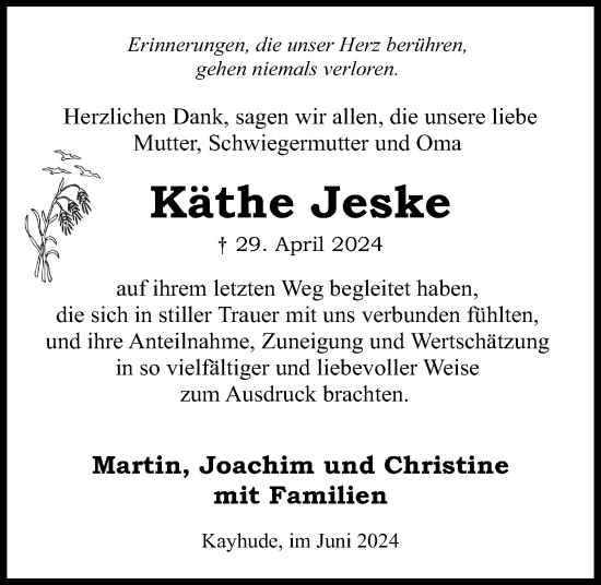 Traueranzeige von Käthe Jeske von Kieler Nachrichten
