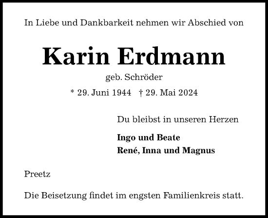 Traueranzeige von Karin Erdmann von Kieler Nachrichten