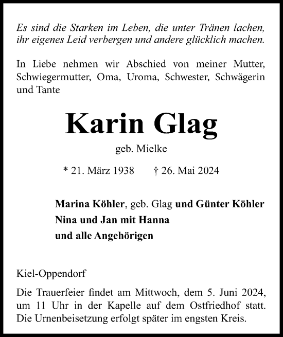 Traueranzeige von Karin Glag von Kieler Nachrichten