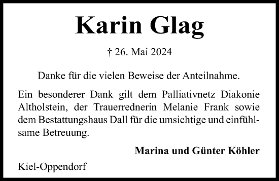 Traueranzeige von Karin Glag von Kieler Nachrichten