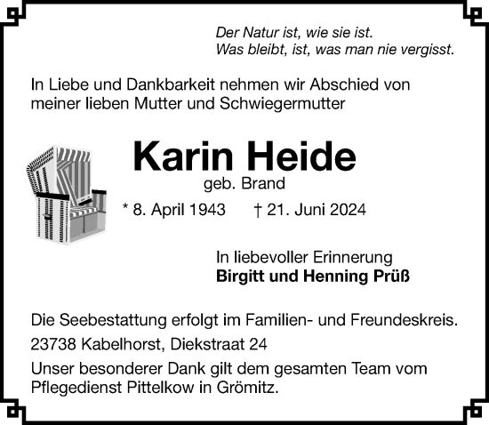 Traueranzeige von Karin Heide von Lübecker Nachrichten