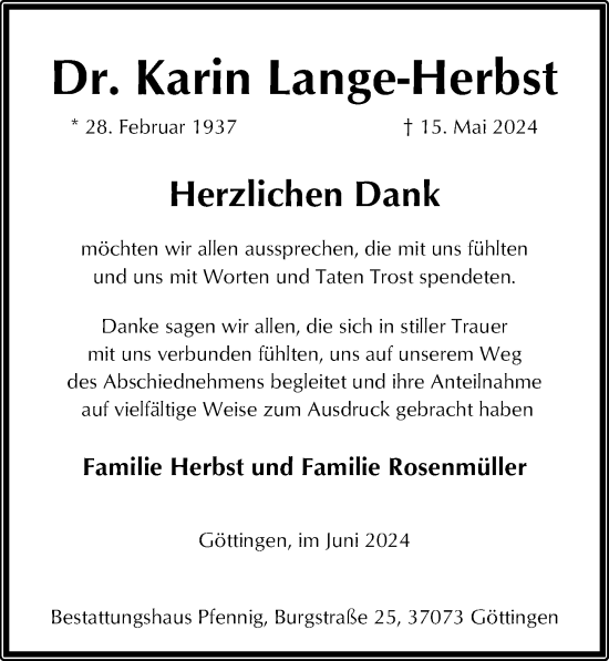 Traueranzeige von Karin Lange-Herbst von Göttinger Tageblatt