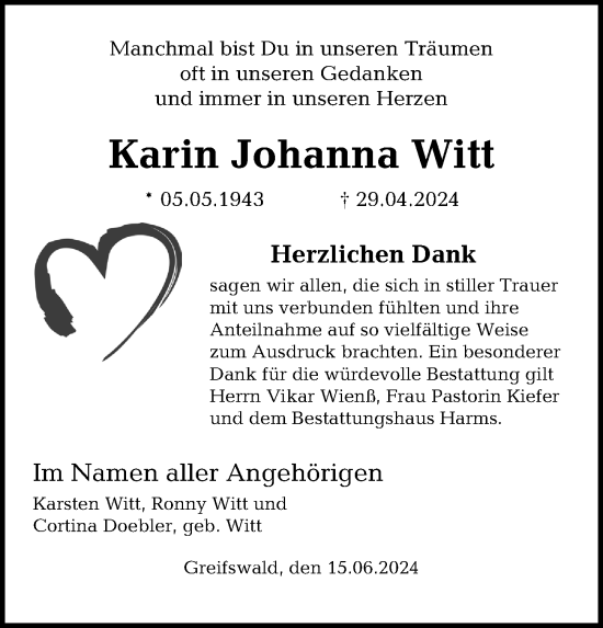Traueranzeige von Karin Johanna Witt von Ostsee-Zeitung GmbH