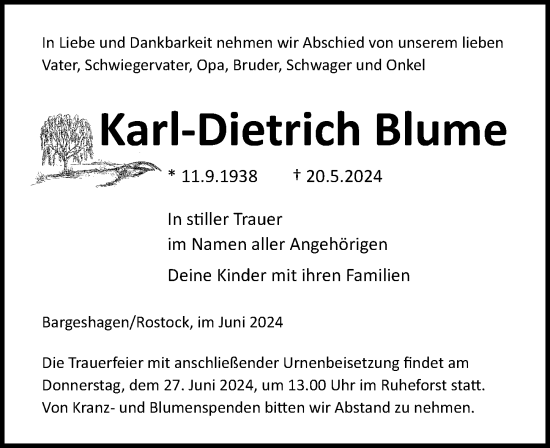 Traueranzeige von Karl-Dietrich Blume von Ostsee-Zeitung GmbH