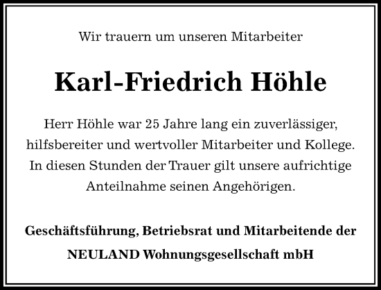 Traueranzeige von Karl-Friedrich Höhle von Aller Zeitung