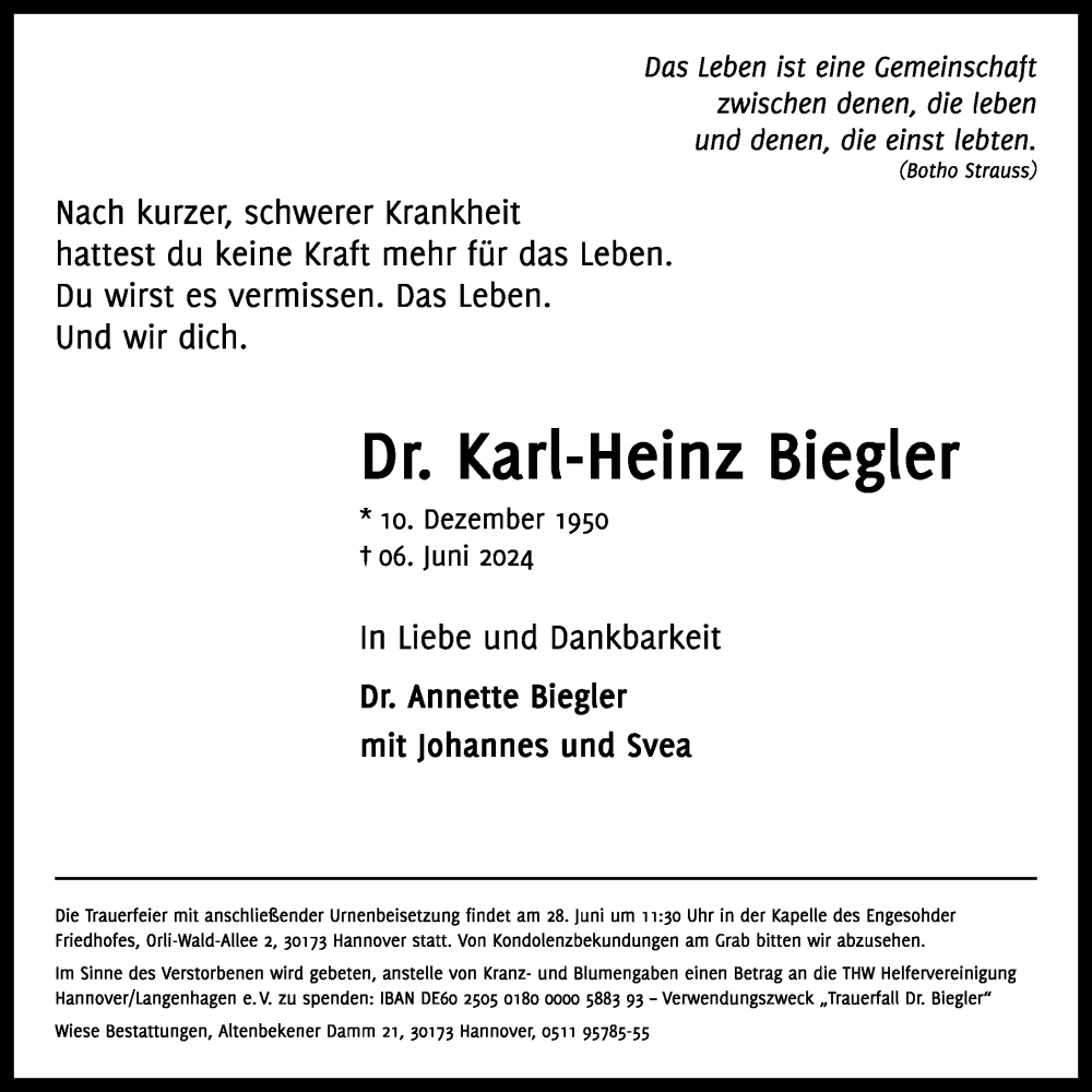  Traueranzeige für Karl-Heinz Biegler vom 22.06.2024 aus Hannoversche Allgemeine Zeitung/Neue Presse
