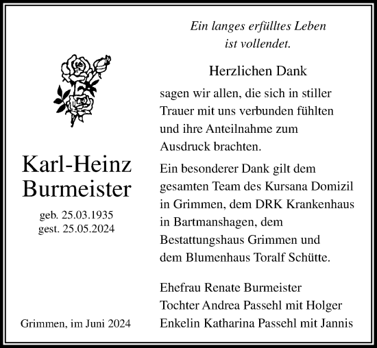 Traueranzeige von Karl-Heinz Burmeister von Ostsee-Zeitung GmbH