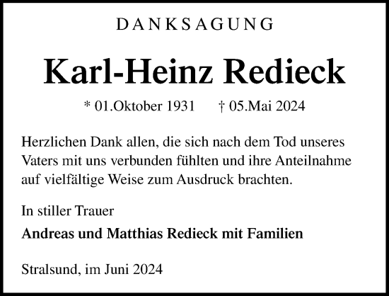 Traueranzeige von Karl-Heinz Redieck