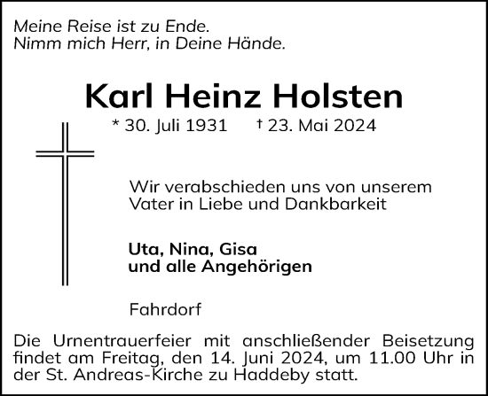 Traueranzeige von Karl Heinz Holsten von Kieler Nachrichten