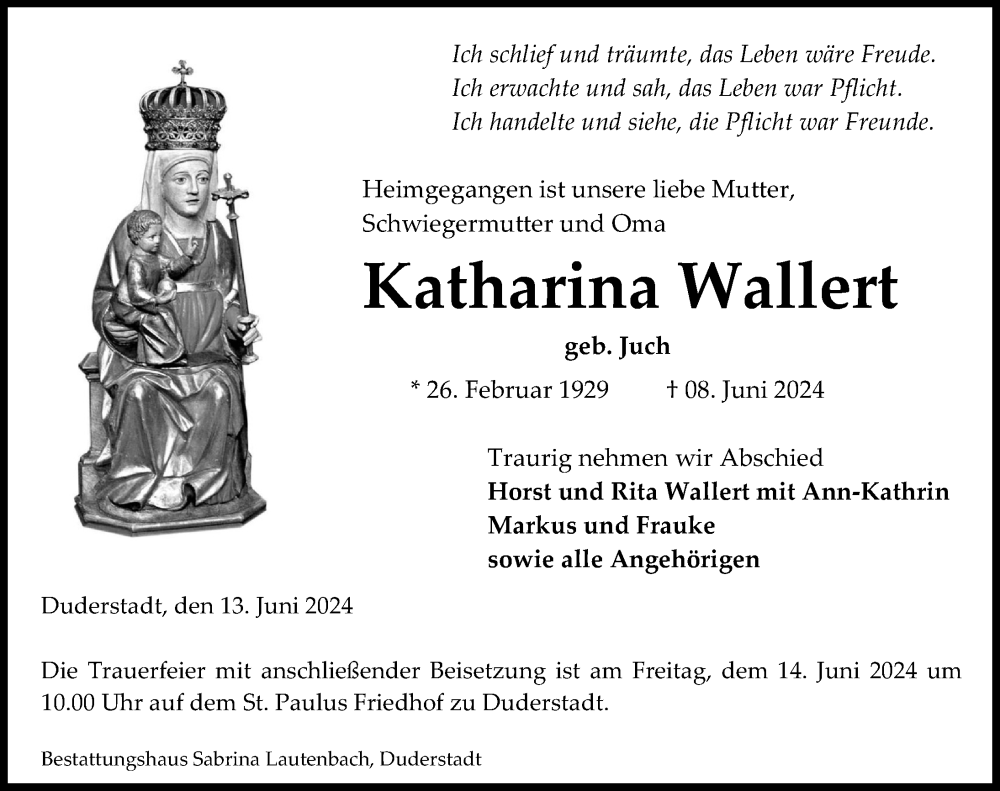  Traueranzeige für Katharina Wallert vom 13.06.2024 aus Eichsfelder Tageblatt