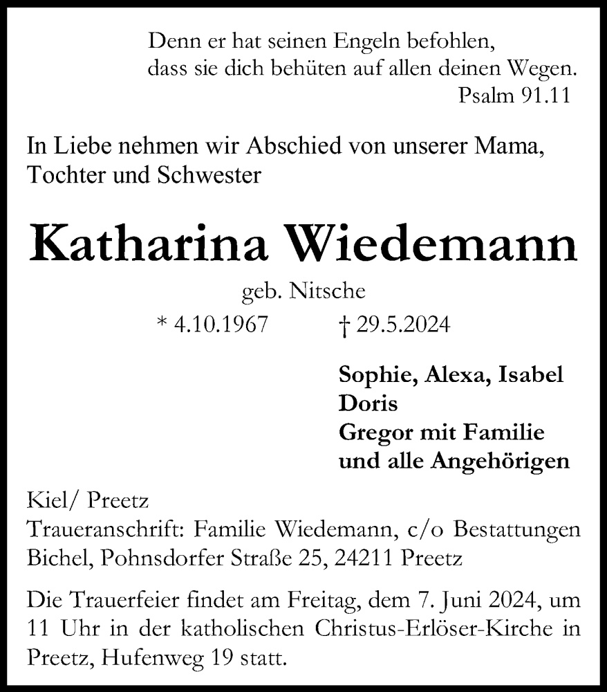  Traueranzeige für Katharina Wiedemann vom 05.06.2024 aus Kieler Nachrichten