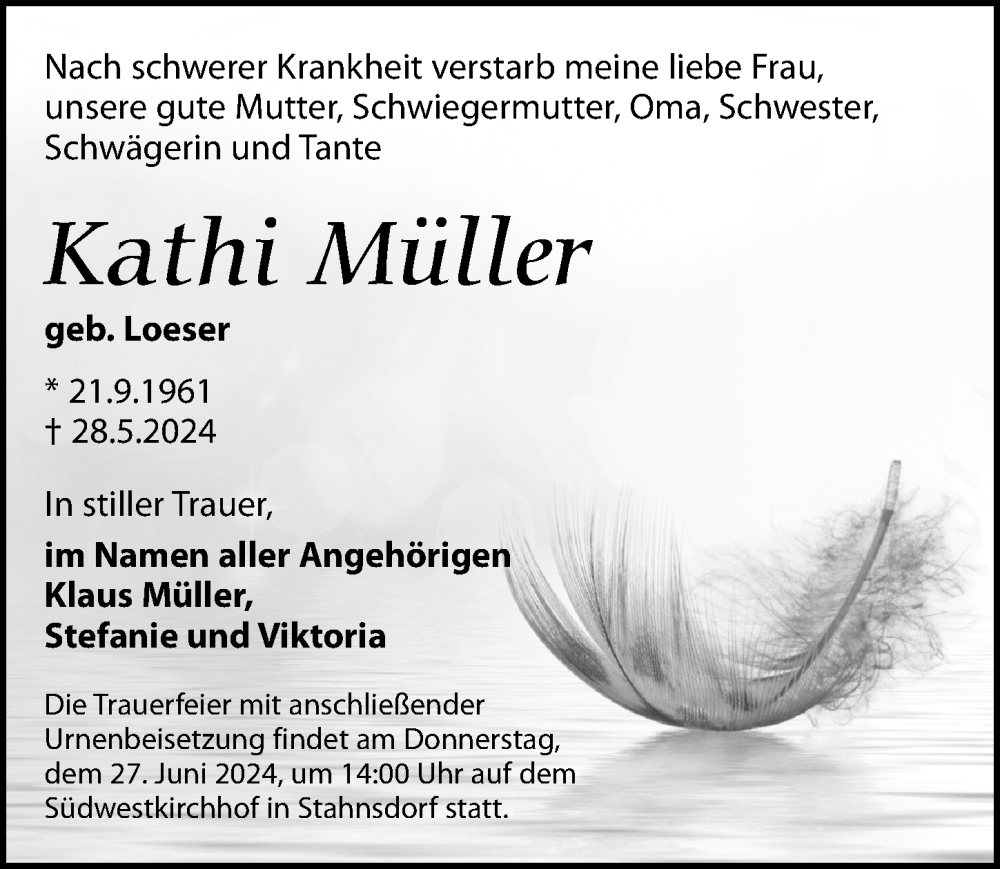  Traueranzeige für Kathi Müller vom 15.06.2024 aus Märkischen Allgemeine Zeitung