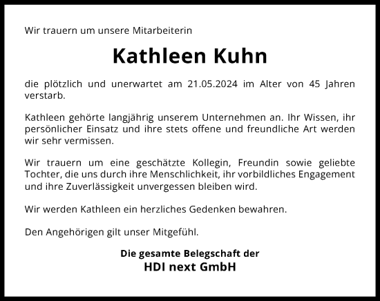 Traueranzeige von Kathleen Kuhn von Ostsee-Zeitung GmbH