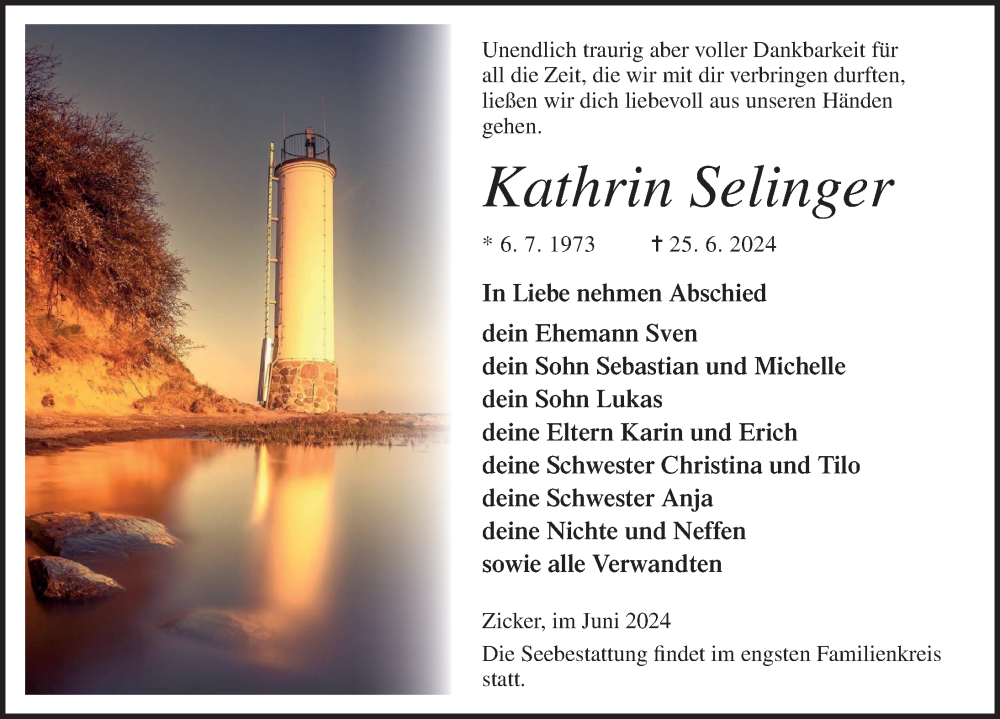  Traueranzeige für Kathrin Selinger vom 29.06.2024 aus Ostsee-Zeitung GmbH