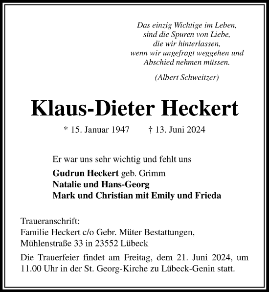 Traueranzeige von Klaus-Dieter Heckert von Lübecker Nachrichten