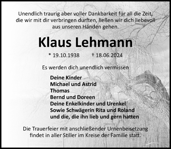 Traueranzeige von Klaus Lehmann von Ostsee-Zeitung GmbH