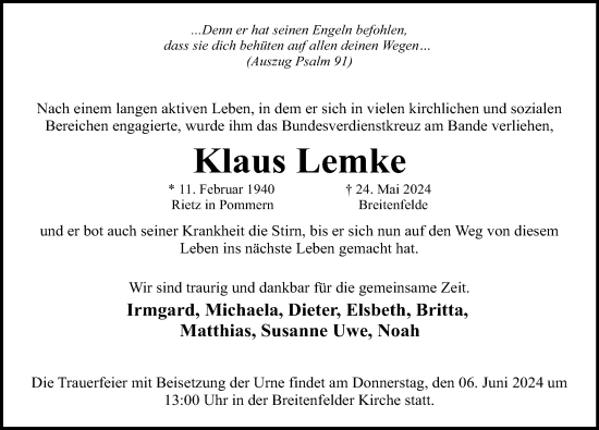 Traueranzeige von Klaus Lemke von Lübecker Nachrichten