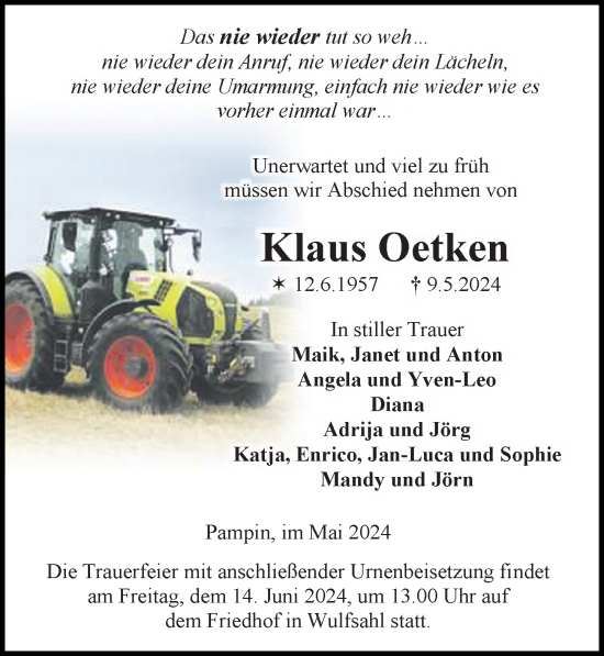 Traueranzeige von Klaus Oetken von Wochenspiegel
