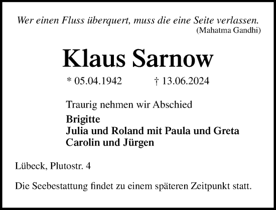 Traueranzeige von Klaus Sarnow von Lübecker Nachrichten