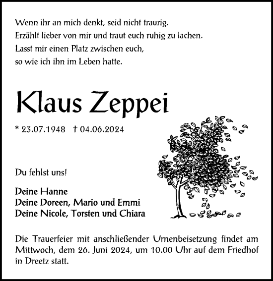 Traueranzeige von Klaus Zeppei von Wochenspiegel