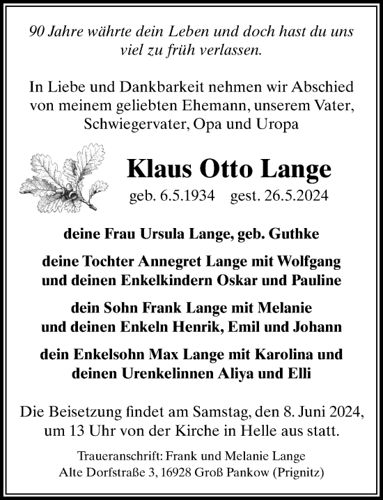 Traueranzeige von Klaus Otto Lange von Wochenspiegel