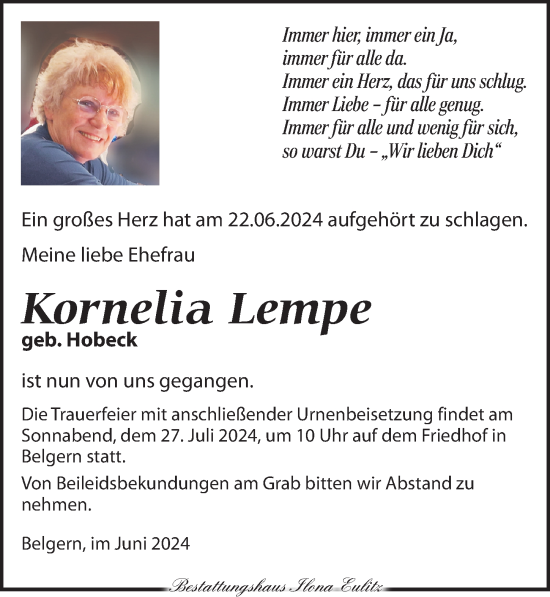 Traueranzeige von Kornelia Lempe von Torgauer Zeitung