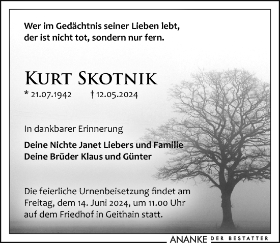 Traueranzeige von Kurt Skotnik von Leipziger Volkszeitung
