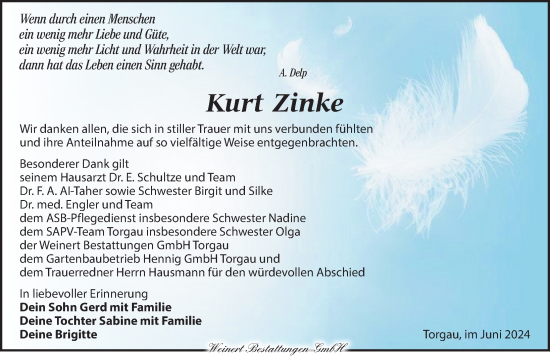 Traueranzeige von Kurt Zinke von Torgauer Zeitung