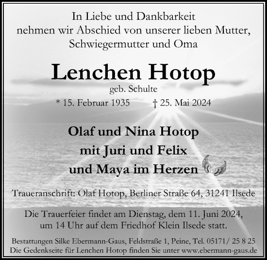 Traueranzeige von Lenchen Hotop von Peiner Allgemeine Zeitung