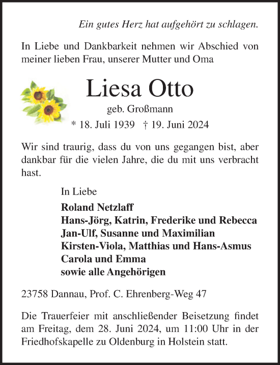 Traueranzeige von Liesa Otto von Lübecker Nachrichten