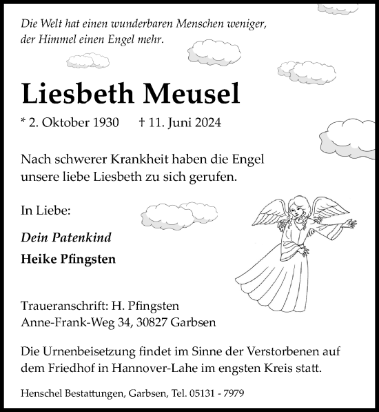 Traueranzeige von Liesbeth Meusel von Hannoversche Allgemeine Zeitung/Neue Presse