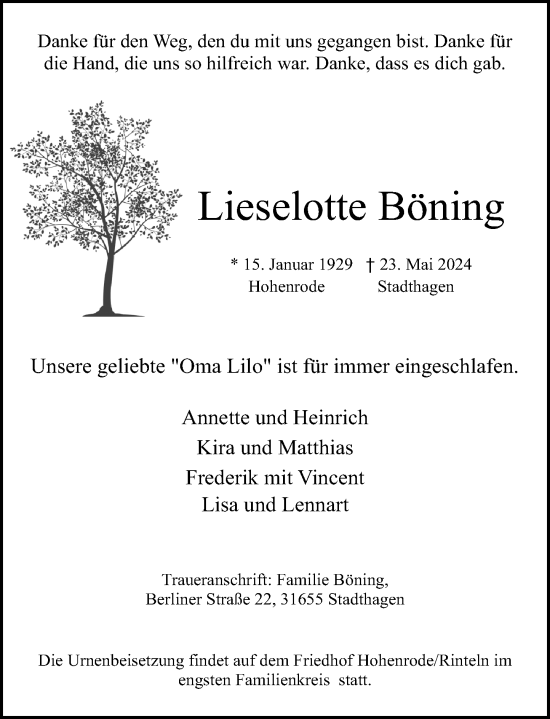 Traueranzeige von Lieselotte Böning von Schaumburger Nachrichten
