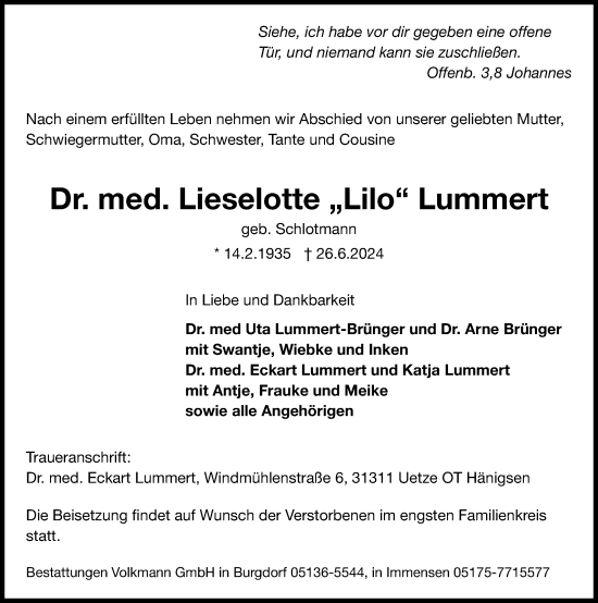 Traueranzeige von Lieselotte  Lummert von Hannoversche Allgemeine Zeitung/Neue Presse