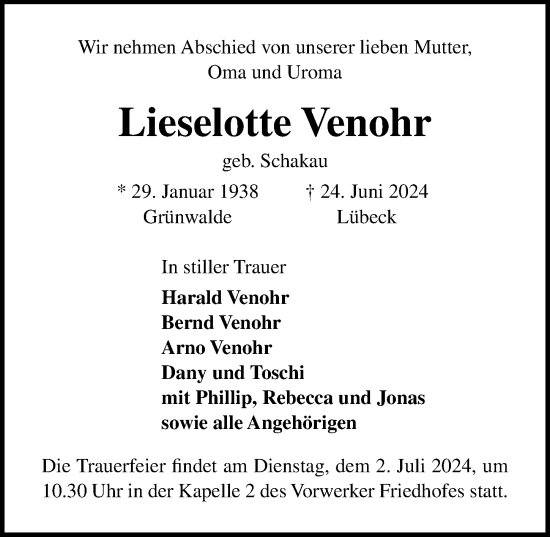 Traueranzeige von Lieselotte Venohr von Lübecker Nachrichten