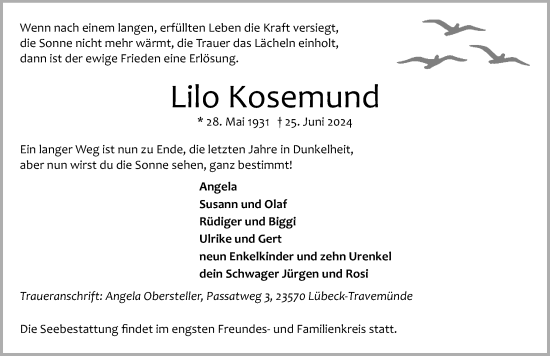 Traueranzeige von Lilo Kosemund von Lübecker Nachrichten