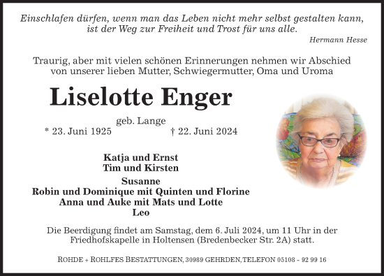 Traueranzeige von Liselotte Enger von Hannoversche Allgemeine Zeitung/Neue Presse