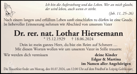 Traueranzeige von Lothar Hiersemann von Leipziger Volkszeitung