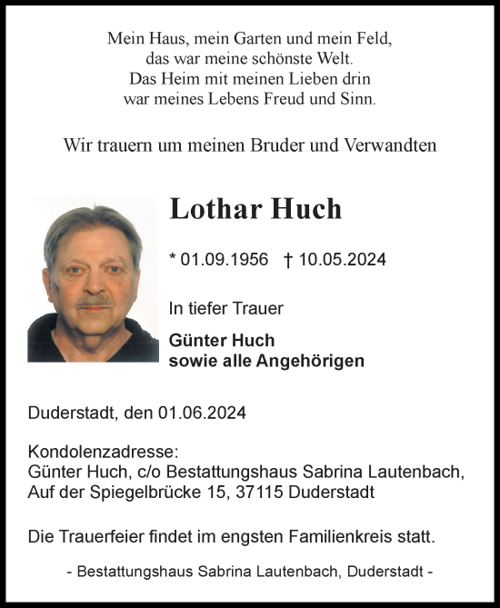 Traueranzeige von Lothar Huch von Eichsfelder Tageblatt