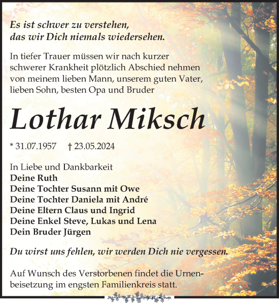 Traueranzeige von Lothar Miksch von Leipziger Volkszeitung