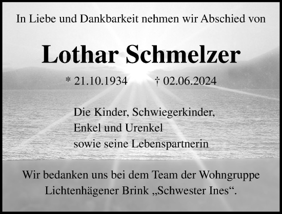 Traueranzeige von Lothar Schmelzer von Ostsee-Zeitung GmbH